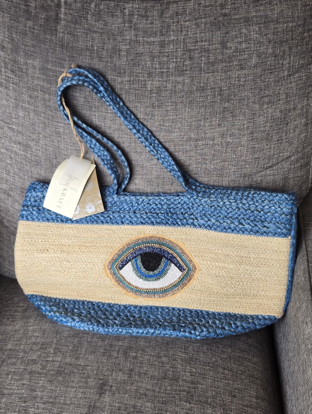 NWT Antik Kraft Evil Eye Jute Boho Tote Summer Bag Made in India